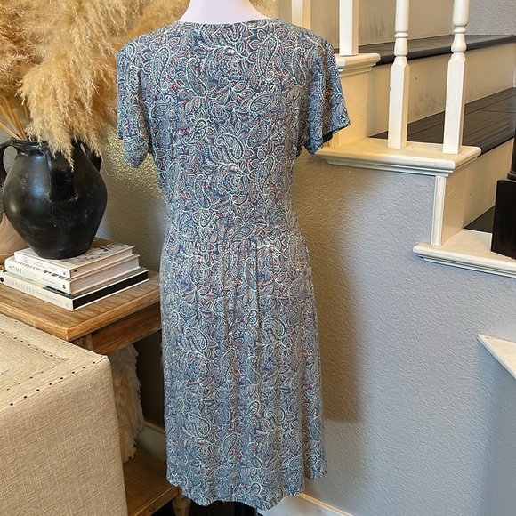 L.L. Bean Faux Wrap Teal Paisley Printed Stretch Short Sleeve MIDI Dress Medium - Picture 6 of 6